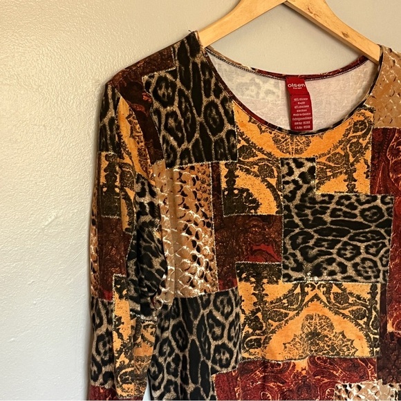 Olsen Europe Women’s Patchwork Pattern 3/4 Sleeve Shirt Top Red Large XL 14 - Picture 1 of 9